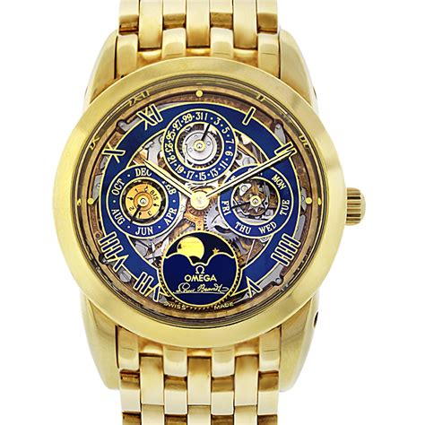 omega skeleton yellow gold watch